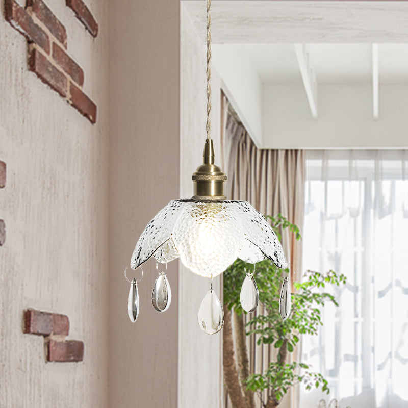 Vintage Brass Scalloped Bowl Pendant Lamp - 1 Bulb Clear/Smoke Gray Water Glass Suspended Lighting