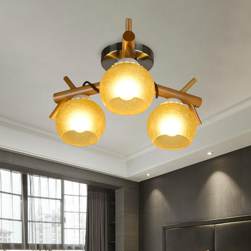 Modern Beige Glass Orb Semi Flush Mount Ceiling Light with Wood Branch Arm - 3 Heads