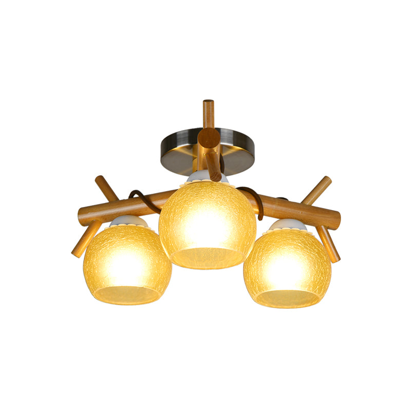 Beige Cracked Glass Orb Semi Flush Mount Ceiling Light With Wood Branch Accents