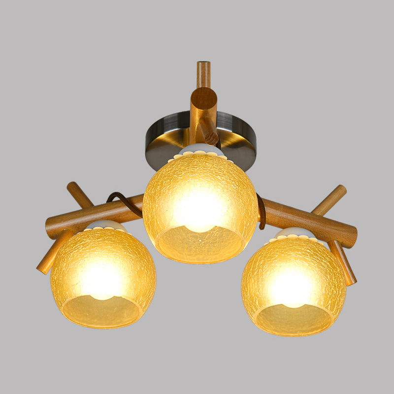 Beige Cracked Glass Orb Semi Flush Mount Ceiling Light With Wood Branch Accents