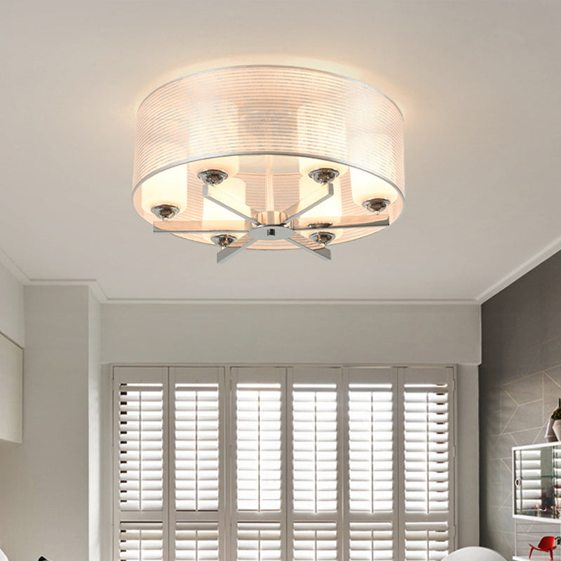 Luminaire à tambour semi-encastré en verre blanc minimaliste avec finition chromée - 6 lumières, abat-jour tubulaire