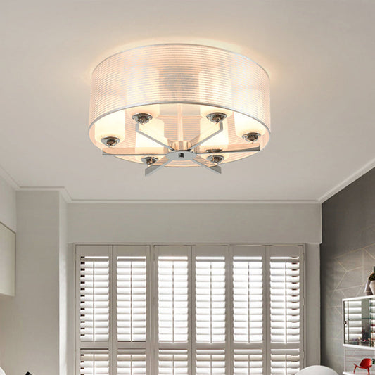 Minimalist White Glass Semi Flush Mount Drum Lighting with Chrome Finish - 6 Lights, Tube Shade