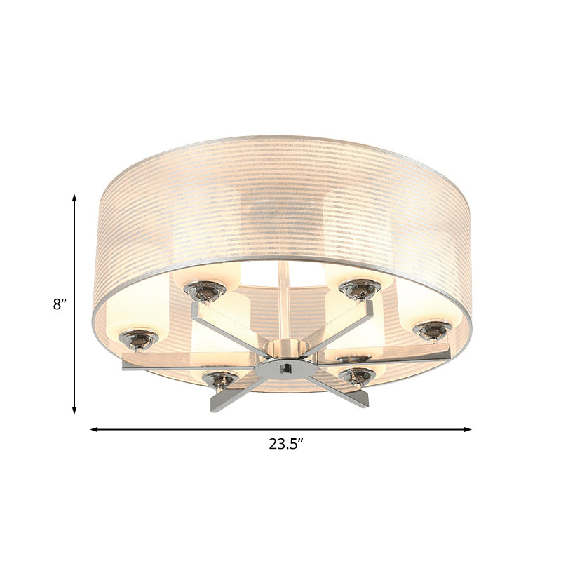 Luminaire à tambour semi-encastré en verre blanc minimaliste avec finition chromée - 6 lumières, abat-jour tubulaire