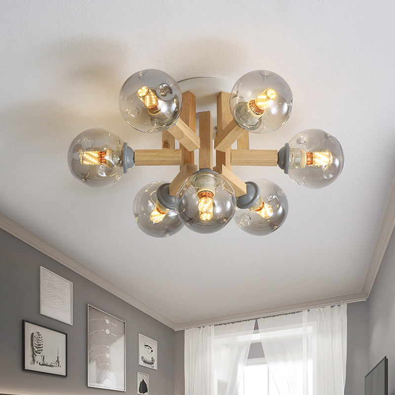 Smoke Gray Glass Modernism Globe Semi Flush Light Fixture With Wood Arm - Ceiling Mounted Lamp (5/7