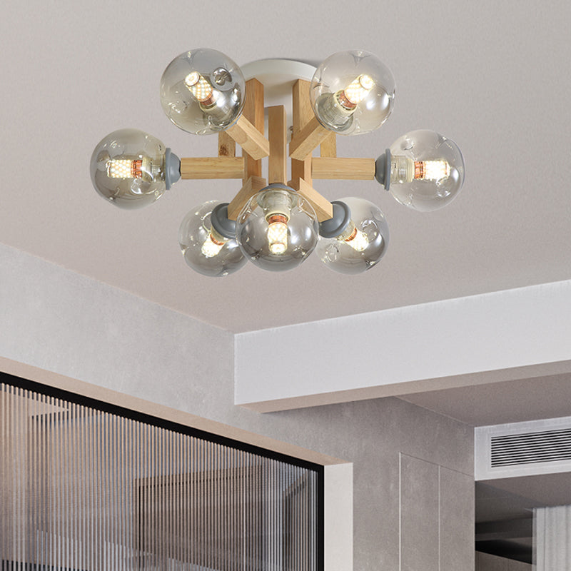 Smoke Gray Glass Modernism Globe Semi Flush Light Fixture With Wood Arm - Ceiling Mounted Lamp (5/7