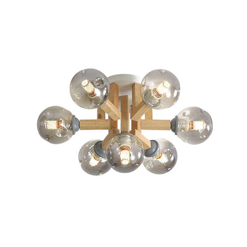 Smoke Gray Glass Modernism Globe Semi Flush Light Fixture With Wood Arm - Ceiling Mounted Lamp (5/7