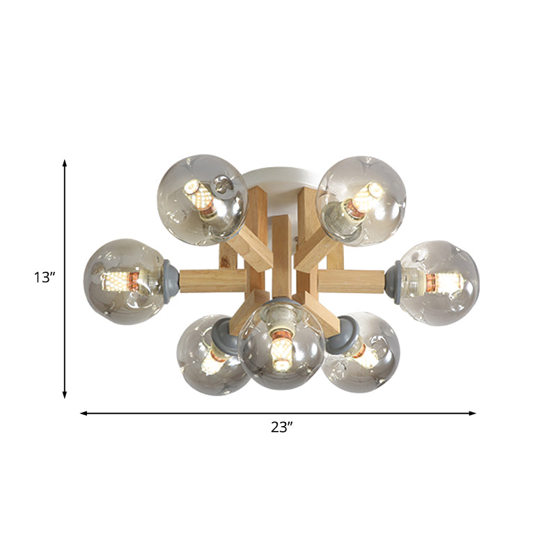 Smoke Gray Glass Modern Semi Flush Ceiling Light with Wood Arm, 5/7 Bulbs - Perfect for Bedrooms