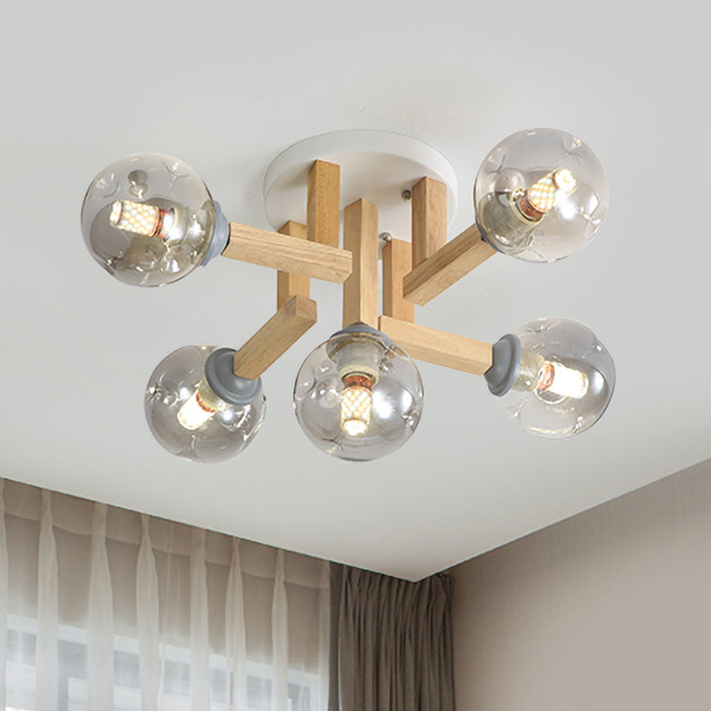 Smoke Gray Glass Modernism Globe Semi Flush Light Fixture With Wood Arm - Ceiling Mounted Lamp (5/7