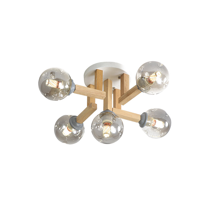Smoke Gray Glass Modernism Globe Semi Flush Light Fixture With Wood Arm - Ceiling Mounted Lamp (5/7