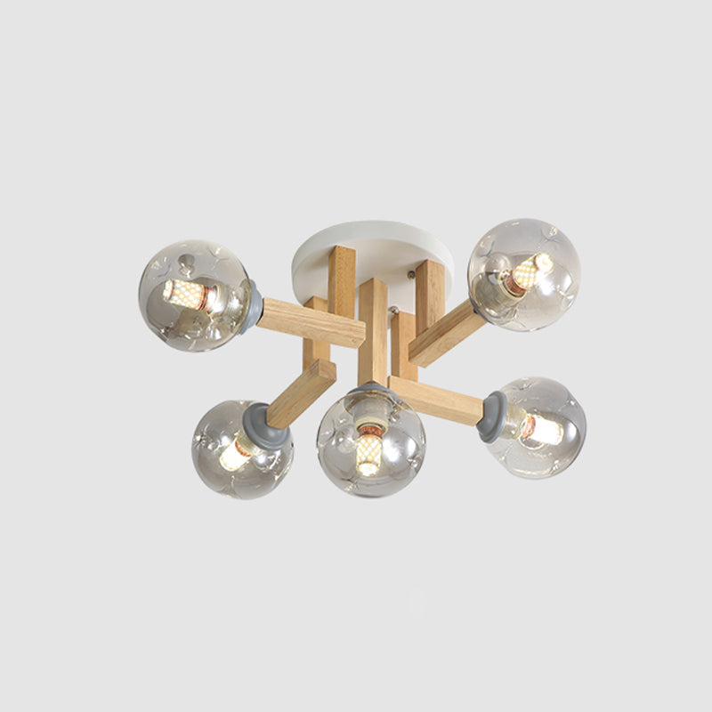 Smoke Gray Glass Modernism Globe Semi Flush Light Fixture With Wood Arm - Ceiling Mounted Lamp (5/7