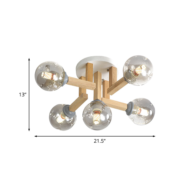 Smoke Gray Glass Modernism Globe Semi Flush Light Fixture With Wood Arm - Ceiling Mounted Lamp (5/7