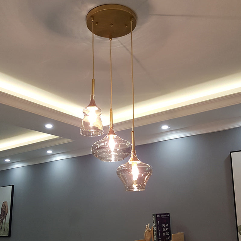 Modern Wavy Glass Ceiling Light Pendant With Gold Finish - Clear/Cognac 3 Bulbs Clear