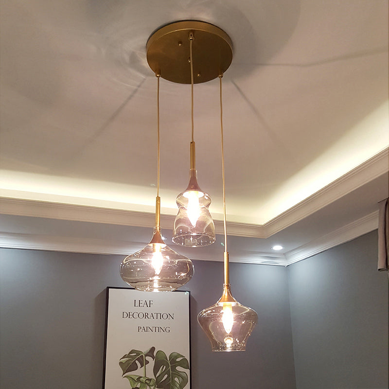 Modern Wavy Glass Ceiling Light with 3 Bulbs and Gold Pendant