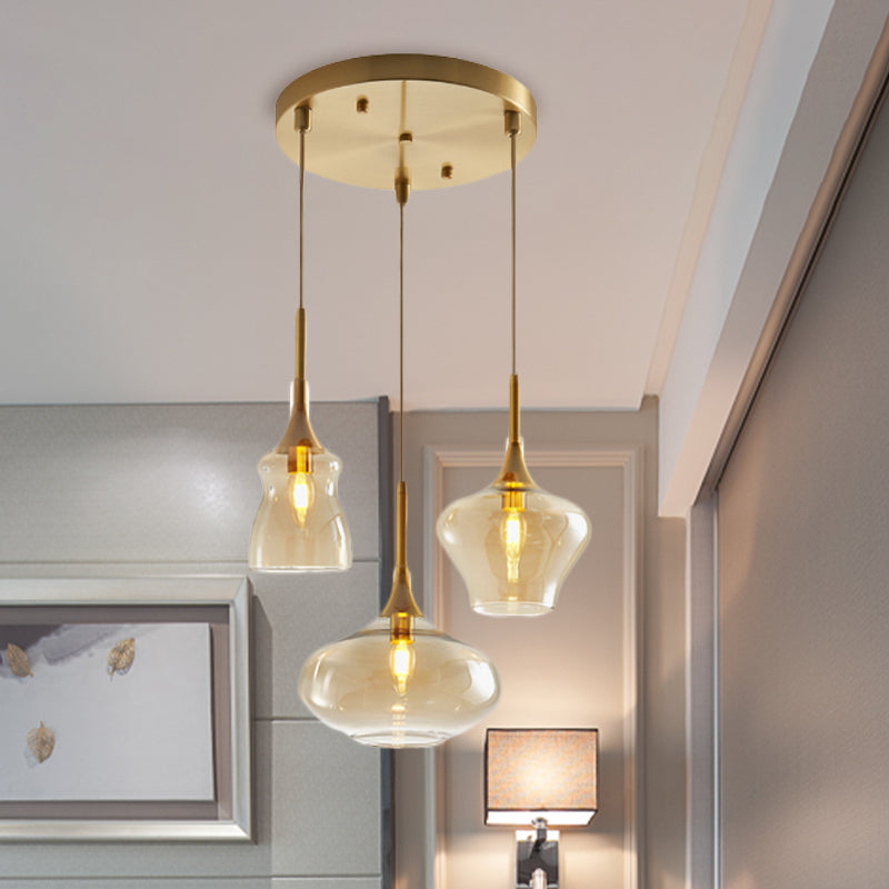 Modern Wavy Glass Ceiling Light Pendant With Gold Finish - Clear/Cognac 3 Bulbs