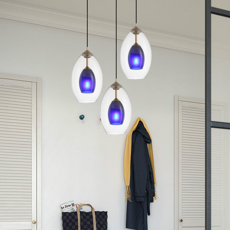 Simple Blue And Clear Oval Pendant Chandelier - 3-Light White Ceiling Lamp