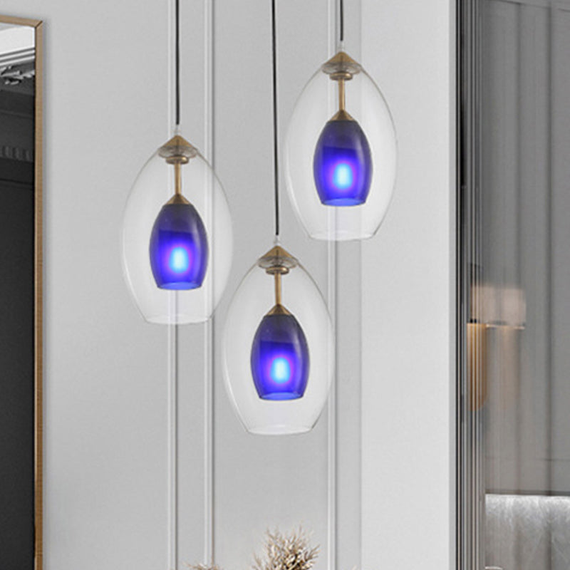 Simple 3-Light Oval Clear and Blue Multi Pendant Chandelier: White Ceiling Lamp