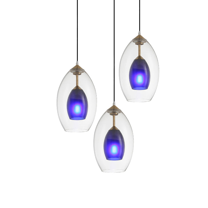 Simple 3-Light Oval Clear and Blue Multi Pendant Chandelier: White Ceiling Lamp