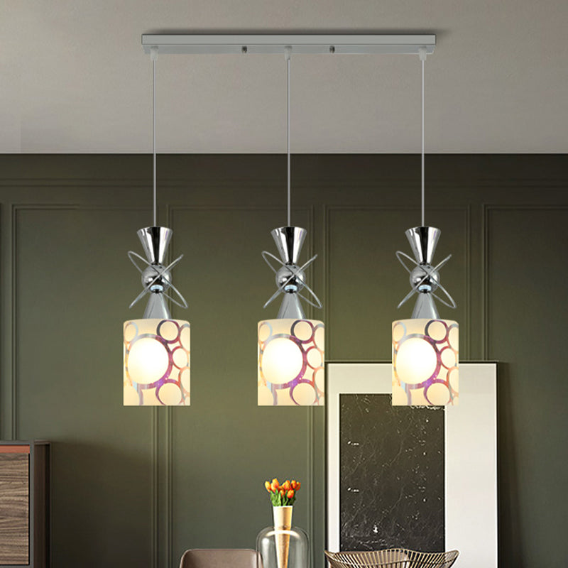 Modernist Metal Hourglass Multi Pendant Ceiling Light with Chrome Finish and Patterned Glass Shade, 3-Bulb Design