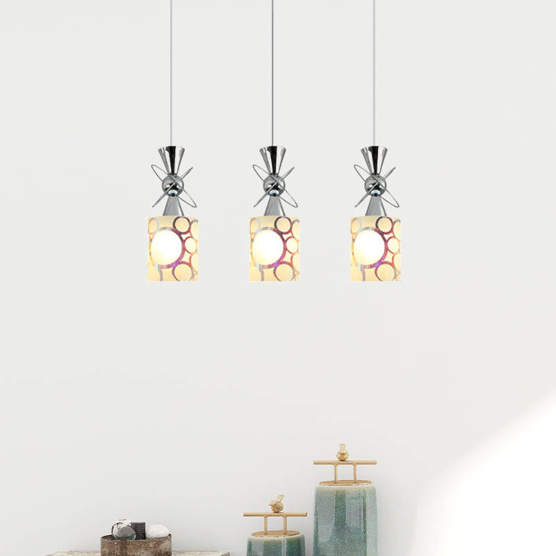Modernist Metal Hourglass Multi Pendant Ceiling Light with Chrome Finish and Patterned Glass Shade, 3-Bulb Design