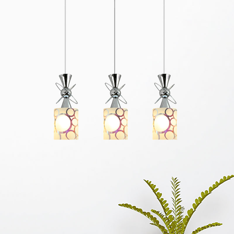 Modernist Metal Hourglass Multi Pendant Ceiling Light with Chrome Finish and Patterned Glass Shade, 3-Bulb Design