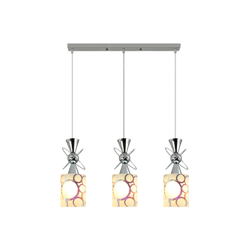 Modernist Metal Hourglass Pendant Ceiling Light With Chrome Finish 3-Bulb And Patterned Glass Shade