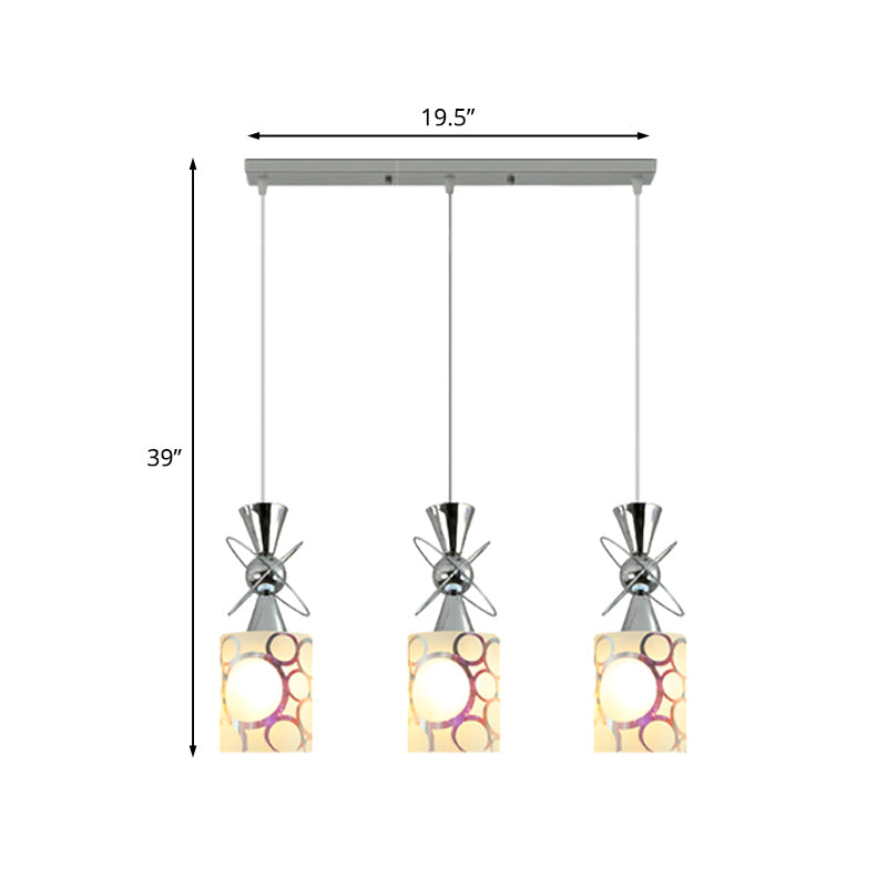 Modernist Metal Hourglass Multi Pendant Ceiling Light with Chrome Finish and Patterned Glass Shade, 3-Bulb Design