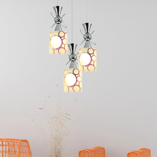 Modernist Metal Hourglass Multi Pendant Ceiling Light with Chrome Finish and Patterned Glass Shade, 3-Bulb Design