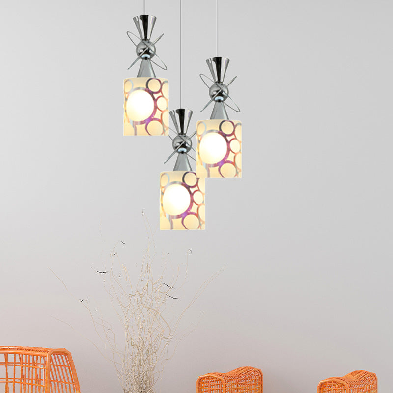 Modernist Metal Hourglass Pendant Ceiling Light With Chrome Finish 3-Bulb And Patterned Glass Shade