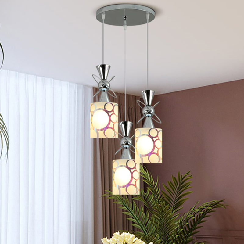Modernist Metal Hourglass Multi Pendant Ceiling Light with Chrome Finish and Patterned Glass Shade, 3-Bulb Design