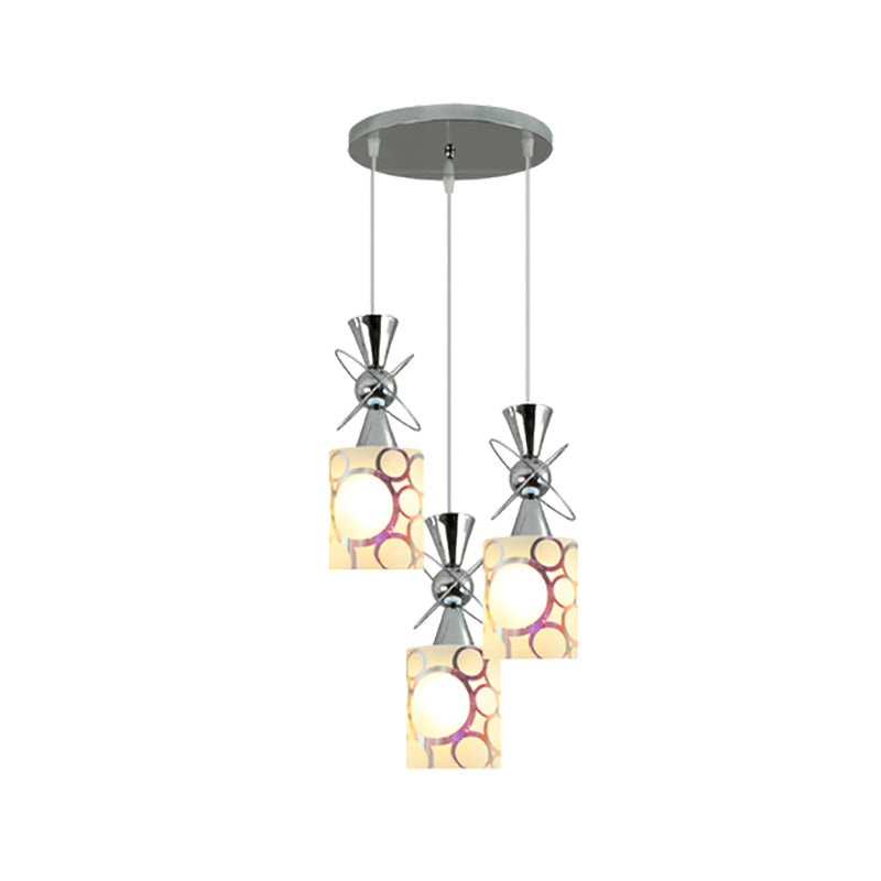 Modernist Metal Hourglass Multi Pendant Ceiling Light with Chrome Finish and Patterned Glass Shade, 3-Bulb Design