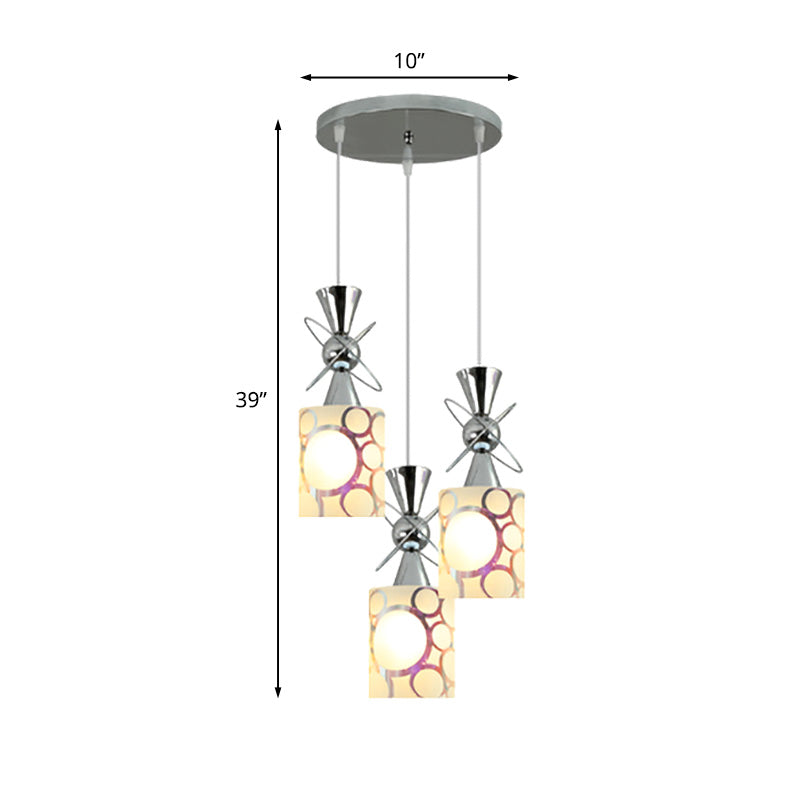 Modernist Metal Hourglass Multi Pendant Ceiling Light with Chrome Finish and Patterned Glass Shade, 3-Bulb Design