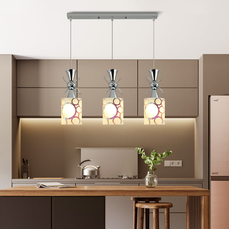 Modernist Metal Hourglass Multi Pendant Ceiling Light with Chrome Finish and Patterned Glass Shade, 3-Bulb Design