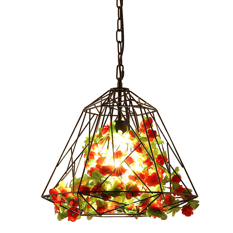 Suspension de plafond en forme de cage de diamant avec fleur artificielle - Luminaire suspendu en fer noir
