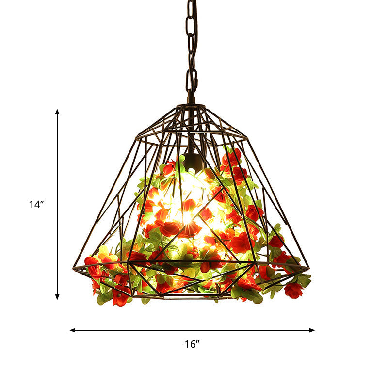 Suspension de plafond en forme de cage de diamant avec fleur artificielle - Luminaire suspendu en fer noir