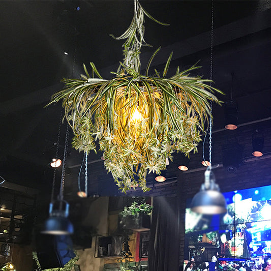 Green Metal Pendant Light with Artificial Plant Décor – Loft Round Ceiling Lamp Kit