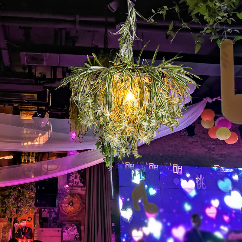 Green Metal Pendant Light with Artificial Plant Décor – Loft Round Ceiling Lamp Kit