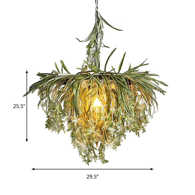 Green Metal Pendant Light with Artificial Plant Décor – Loft Round Ceiling Lamp Kit