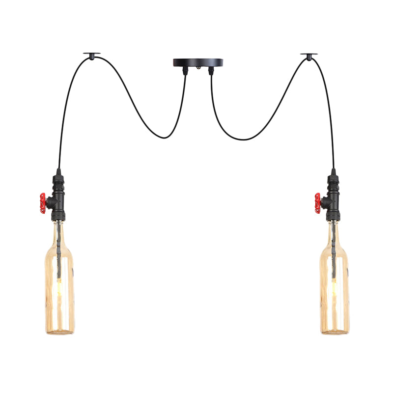Amber Glass Swag Suspension Lamp - Industrial Bottle Pendant Light 2/3-Head in Black