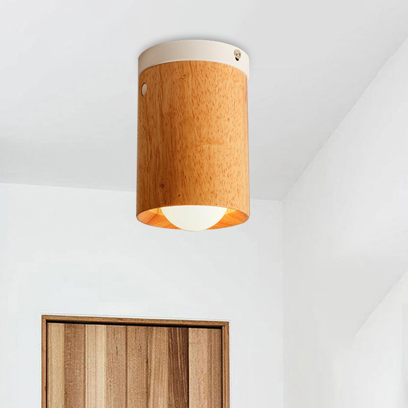 Minimalistic Beige Tubular Flushmount Ceiling Lamp with Wood Accent for Bedroom - 1 Bulb Flush Mount Lighting
