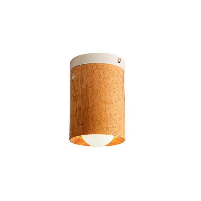 Minimalistic Beige Tubular Flushmount Ceiling Lamp with Wood Accent for Bedroom - 1 Bulb Flush Mount Lighting