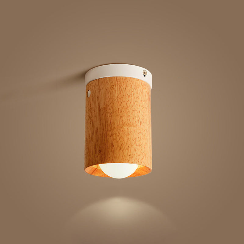 Minimalistic Beige Tubular Flushmount Ceiling Lamp with Wood Accent for Bedroom - 1 Bulb Flush Mount Lighting