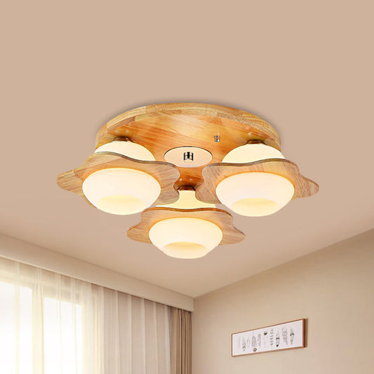 Modernist Floral Wood Flush Mount with Frosted Glass Shade - 3/5 Lights, Beige Fixture