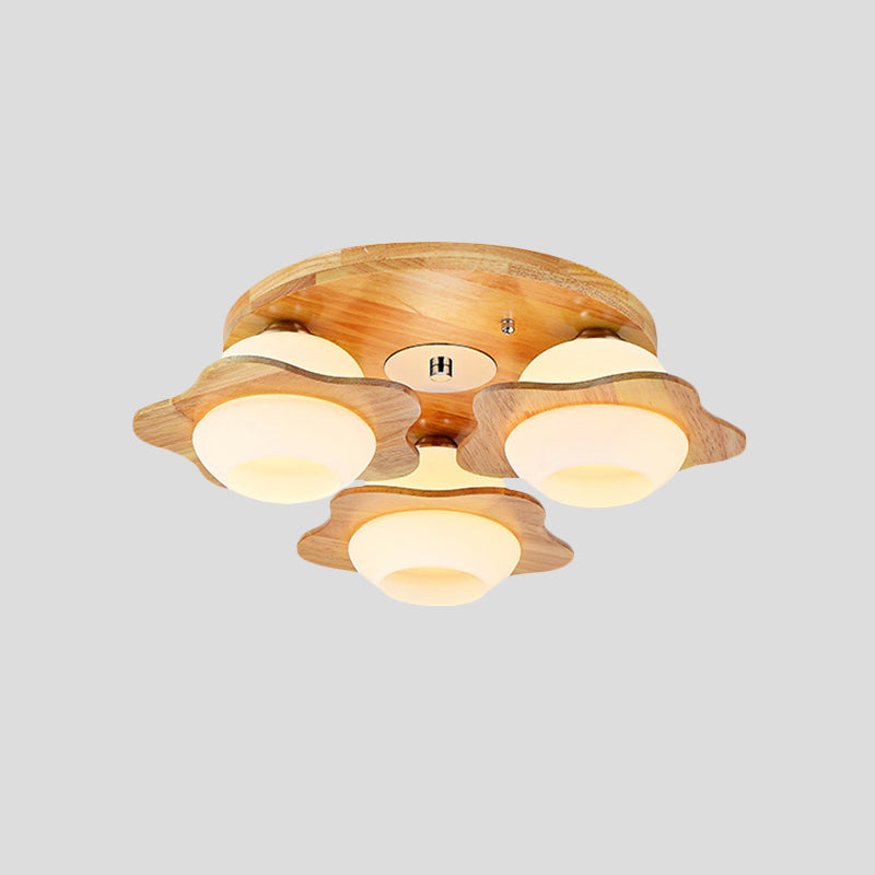 Modernist Floral Wood Flush Mount with Frosted Glass Shade - 3/5 Lights, Beige Fixture