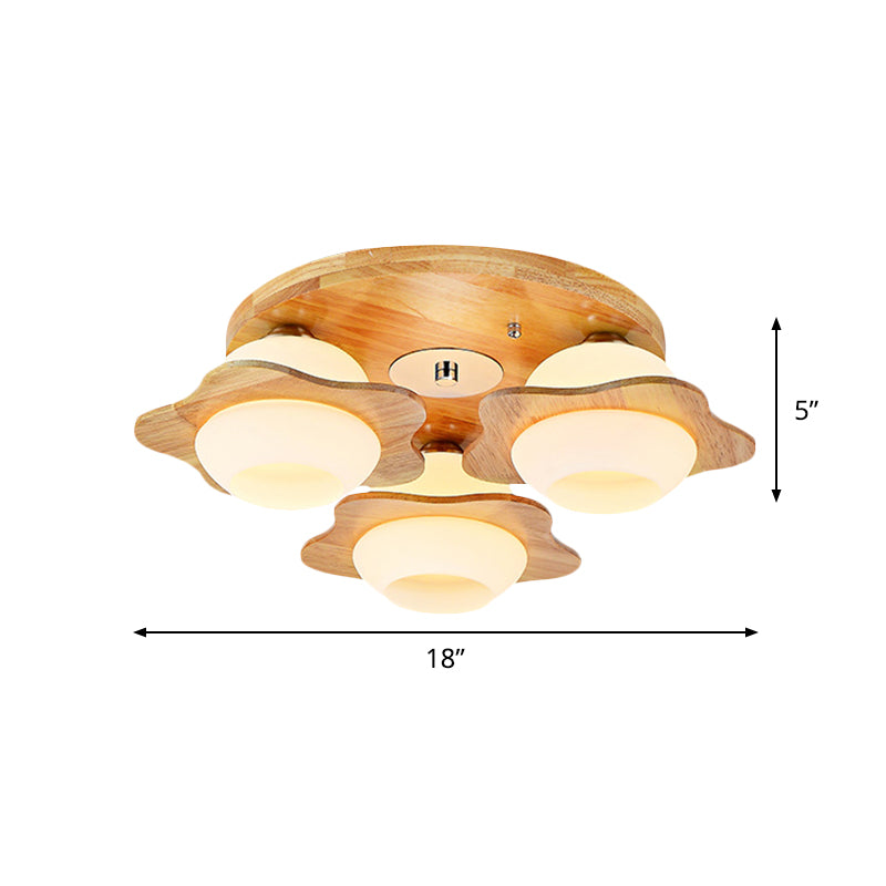 Modernist Floral Wood Flush Mount with Frosted Glass Shade - 3/5 Lights, Beige Fixture