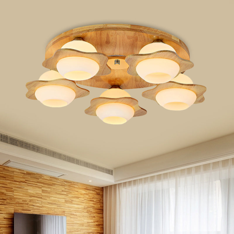 Modernist Floral Wood Flush Mount with Frosted Glass Shade - 3/5 Lights, Beige Fixture