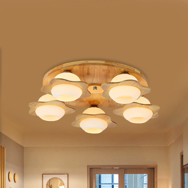 Modernist Floral Wood Flush Mount with Frosted Glass Shade - 3/5 Lights, Beige Fixture