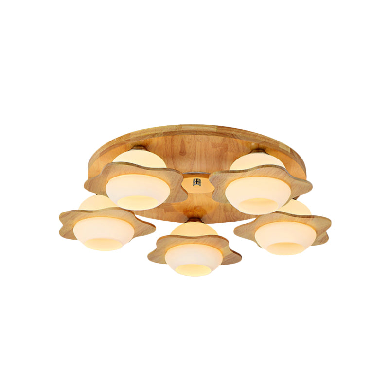 Modernist Floral Wood Flush Mount with Frosted Glass Shade - 3/5 Lights, Beige Fixture