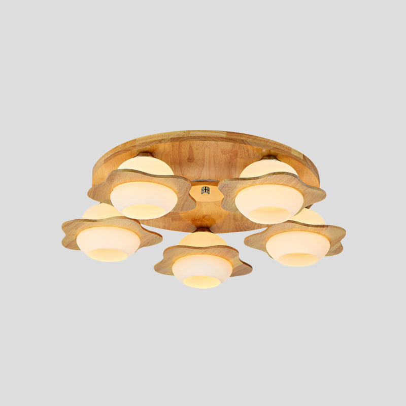 Modernist Floral Wood Flush Mount with Frosted Glass Shade - 3/5 Lights, Beige Fixture