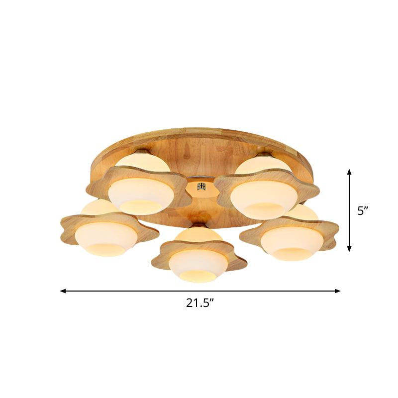 Modernist Floral Wood Flush Mount with Frosted Glass Shade - 3/5 Lights, Beige Fixture
