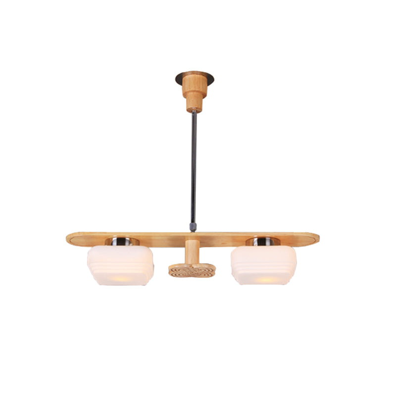 Lustre suspendu moderne en bois avec 2 abat-jours carrés en verre crème pour plafond de salle à manger